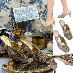 🆕 KURT GEIGER LONDON 🧿 NWOB Eagle Mule Heel Gold Crystal Houndstooth Sz 39 8.5